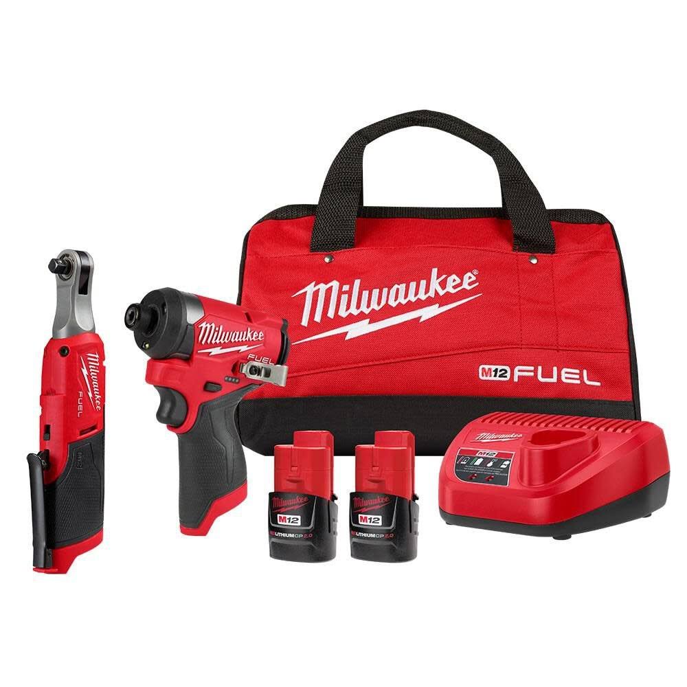 Milwaukee 3453-22HSR M12 Fuel 12V Lithium-Ion Cordless 2-Tool Combo Kit with 1/4" Hex Impact Driver & 3/8" High Speed Ratchet 2.0 Ah