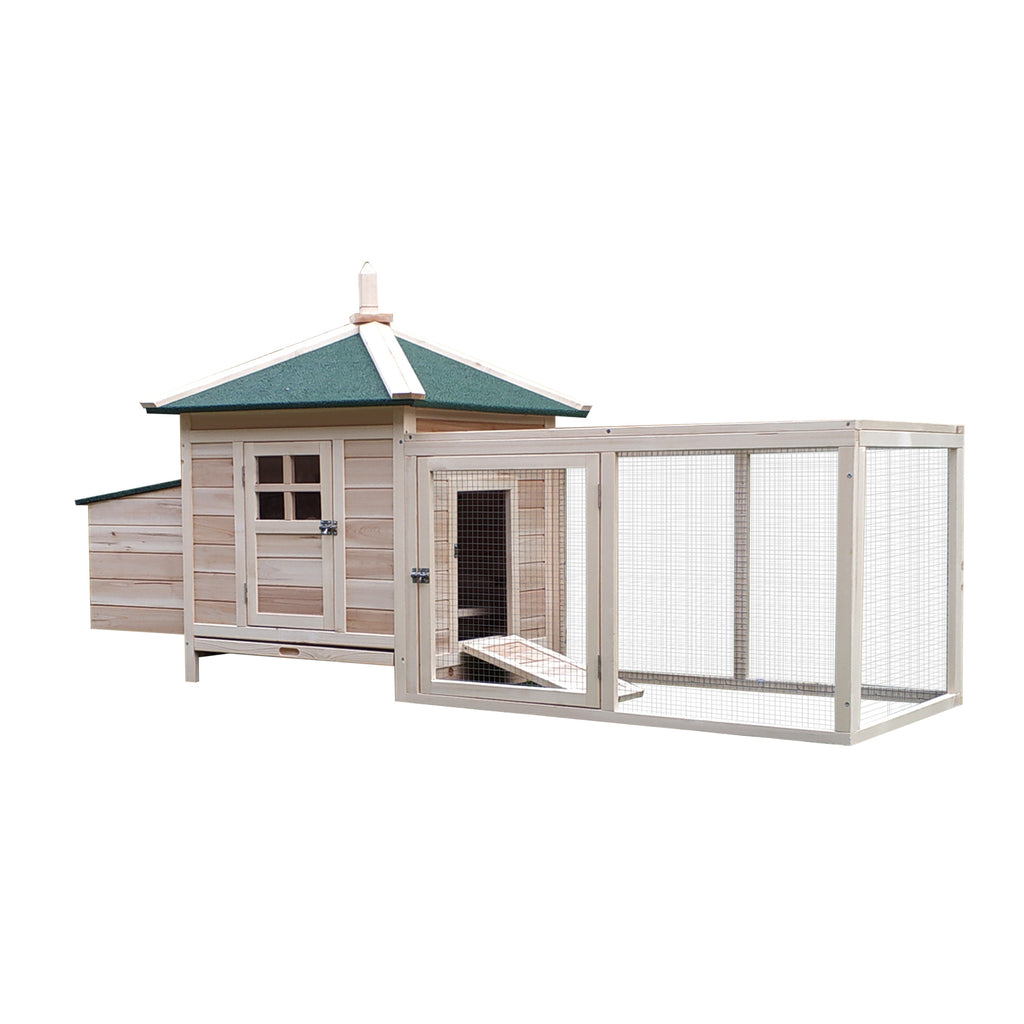 PawHut Hühnerstall für Zwerghühner 196 x 76 x 97 cm Hühnerhaus mit Nistkasten, Freilaufgehege Sitzstange, Kleintierstall aus Holz, Natur