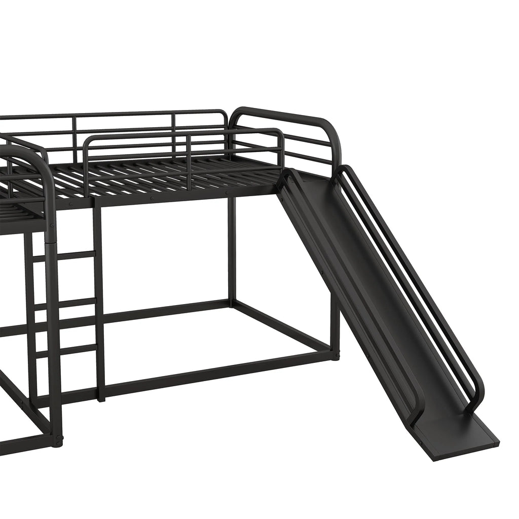 Full and Twin Size L - Shaped Quadruple Metal Bunk Bed with Slide for Kids, Black