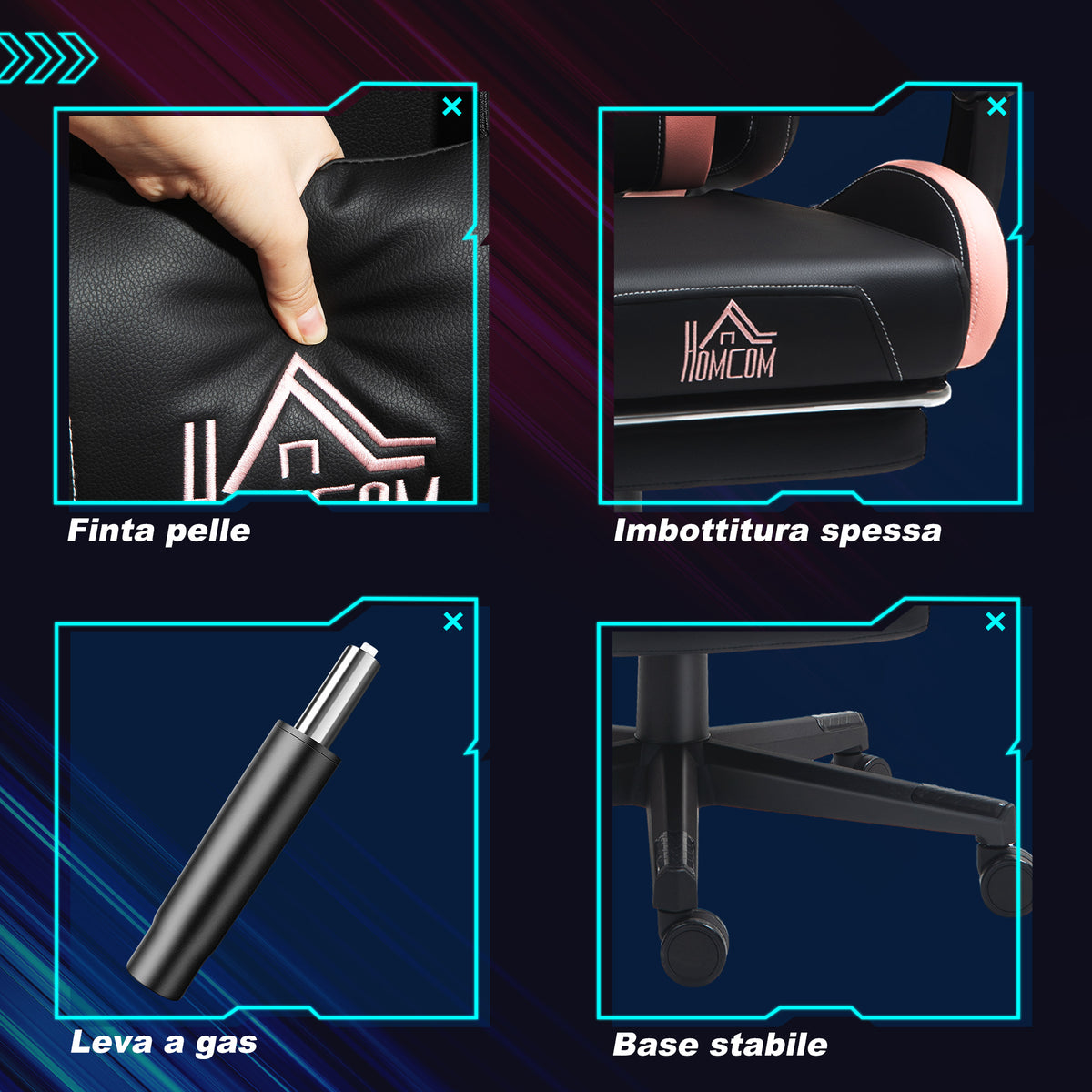 HOMCOM Reclinabile Gaming-Stuhl mit Poggiapiedi und Kissen, Kunstleder und Schwamm, 65x62x116-124 cm, Rosa und Schwarz