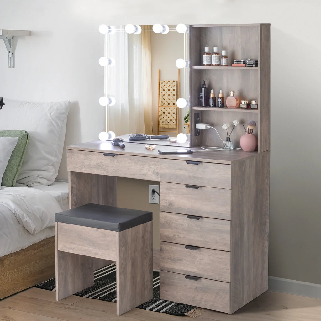 Ktaxon Vanity Set with 3 Color Lighted Mirror & Charging Station, Makeup Table with 3 Storage Shelves & Drawers, Dressing Table Makeup Desk with Stool, Retro Gray