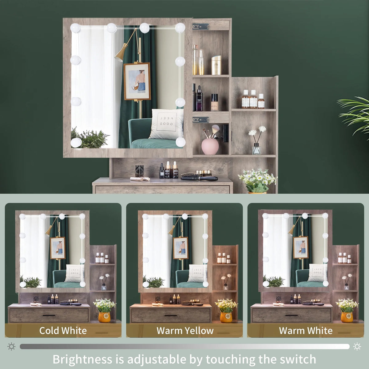Ktaxon Vanity Set with 3 Color Lighted Mirror & Charging Station, Makeup Table with 3 Storage Shelves & Drawers, Dressing Table Makeup Desk with Stool, Retro Gray