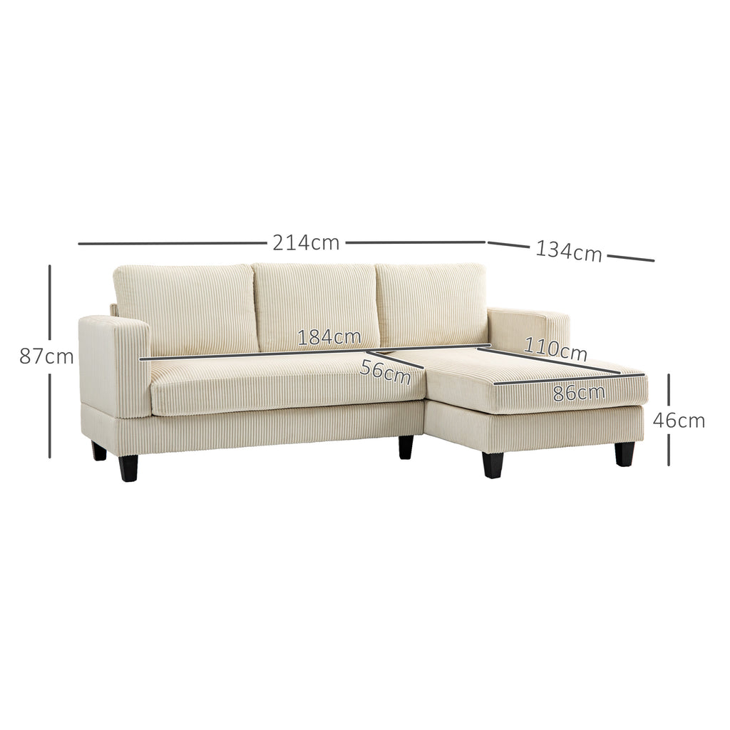 HOMCOM Ecksofa aus Rippvelours, 3-Sitzer Sofa mit Ottomane und dick gepolstertem Federkissen, Breite 214 cm, Beige