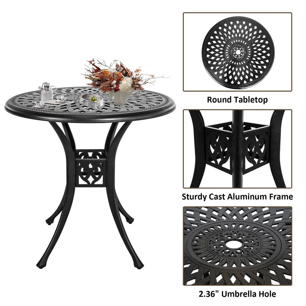 30.3 in Round Patio Table Cast Aluminum Patio Table, Metal Patio Dining Table with Umbrella Hole, All-Weather Outdoor Bistro Dining Table for Backyard, Garden, Balcony, Black