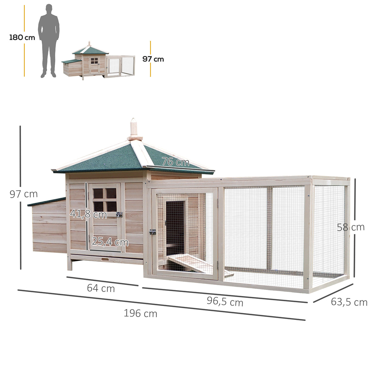 PawHut Hühnerstall für Zwerghühner 196 x 76 x 97 cm Hühnerhaus mit Nistkasten, Freilaufgehege Sitzstange, Kleintierstall aus Holz, Natur