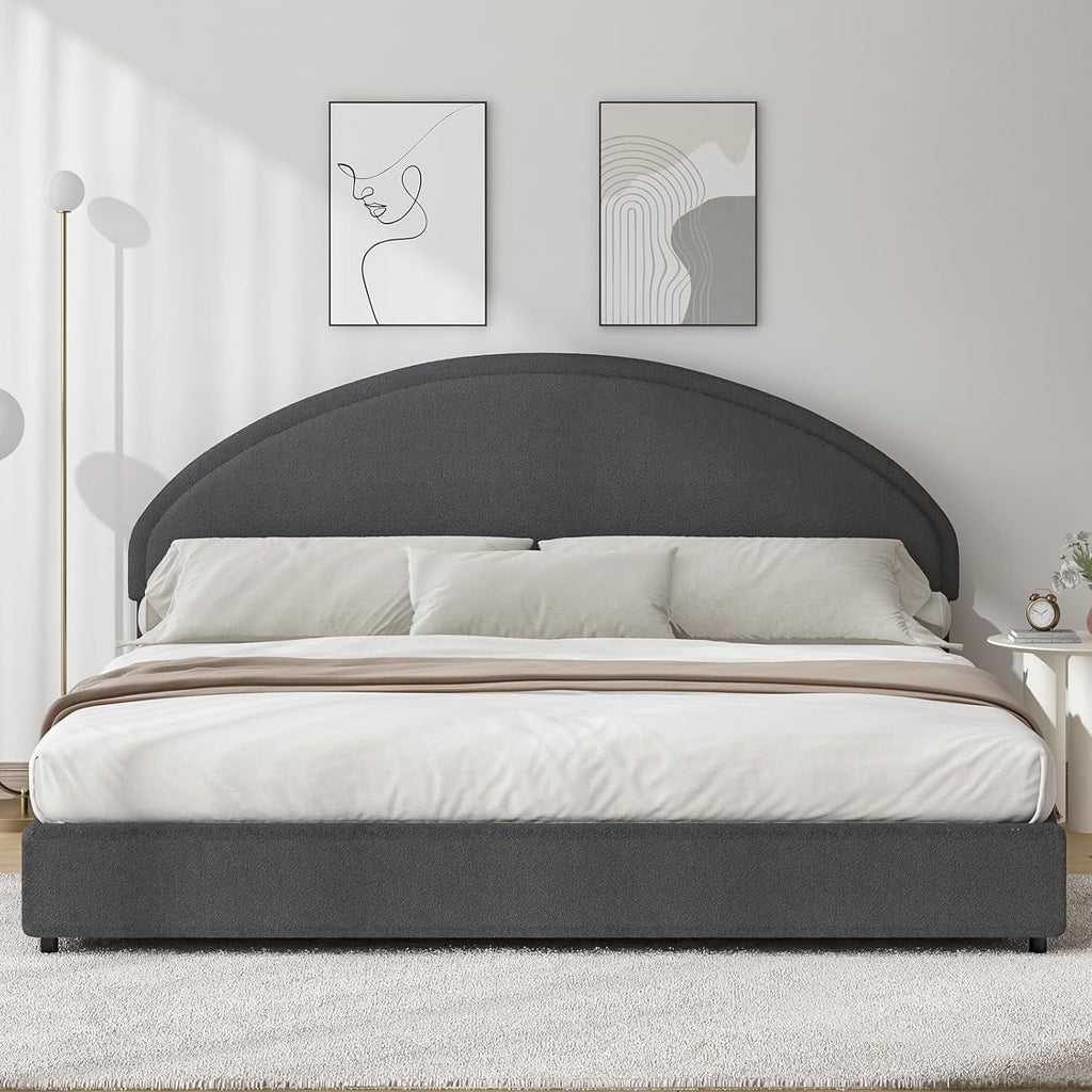 4 EVER WINNER Queen Size Bed Frame, Boucle Upholstered Bed Frame with Headboard, White Queen Bed Frame, White