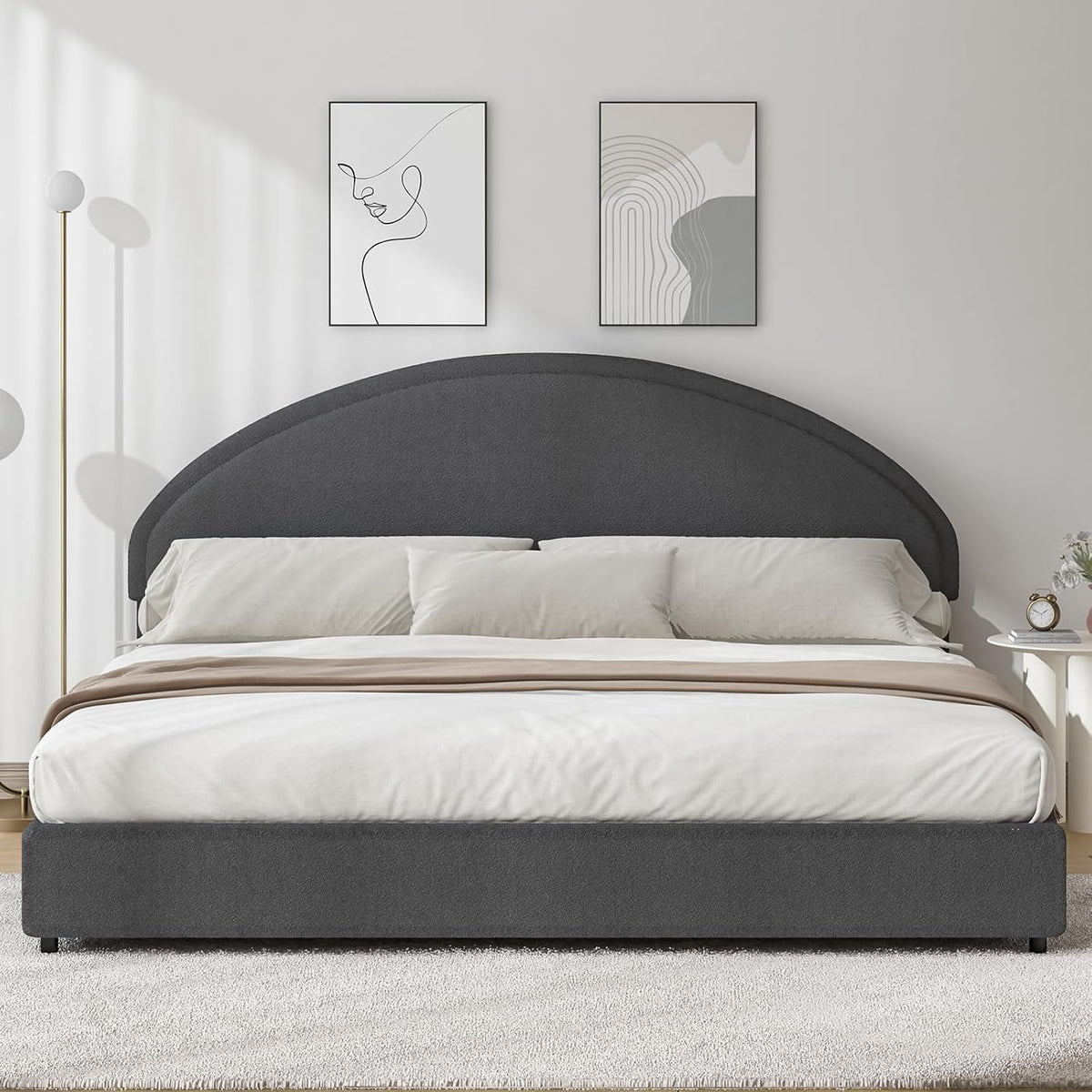 4 EVER WINNER Queen Size Bed Frame, Boucle Upholstered Bed Frame with Headboard, White Queen Bed Frame, White