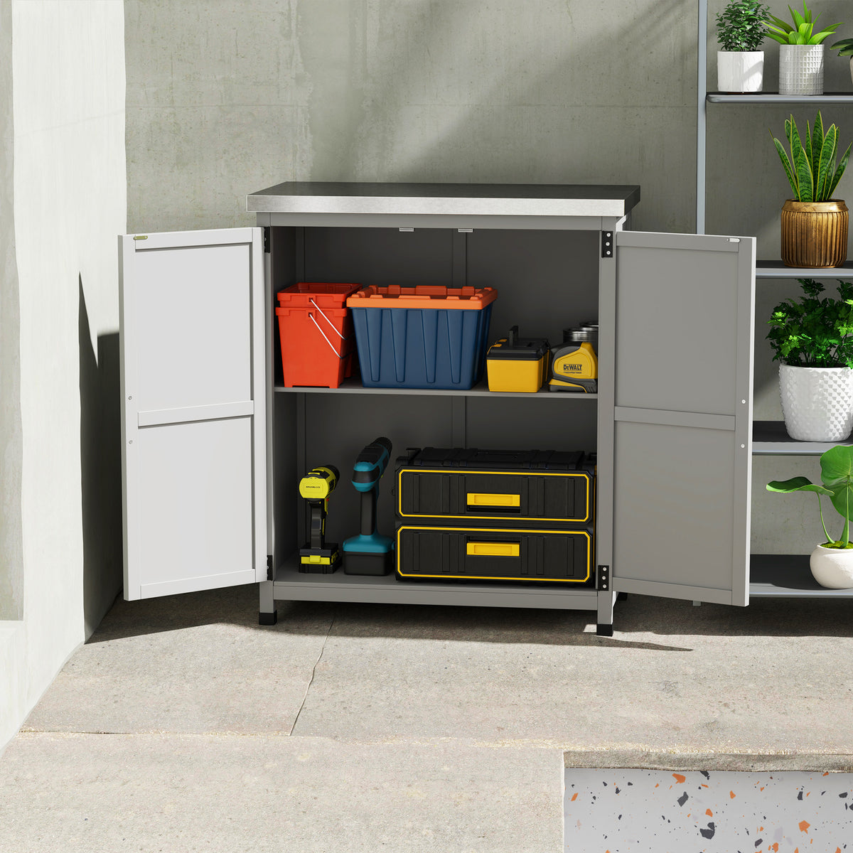 Outsunny Gartenschrank, Außenschrank mit Arbeitsfläche, Werkzeugschrank, Massivholz, Stahl, 79B x 43T x 92H cm, Grau