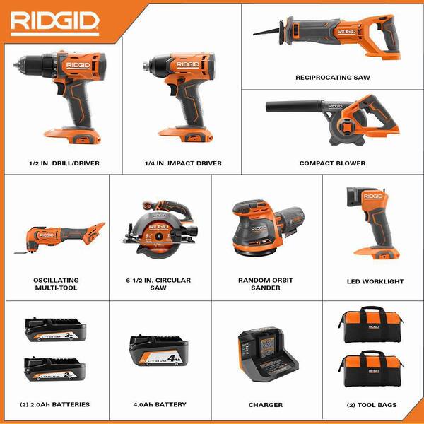 18V Cordless 8-Tool Combo Kit with (3) Batteries. Charger. and Bag with 18V Belt Sander