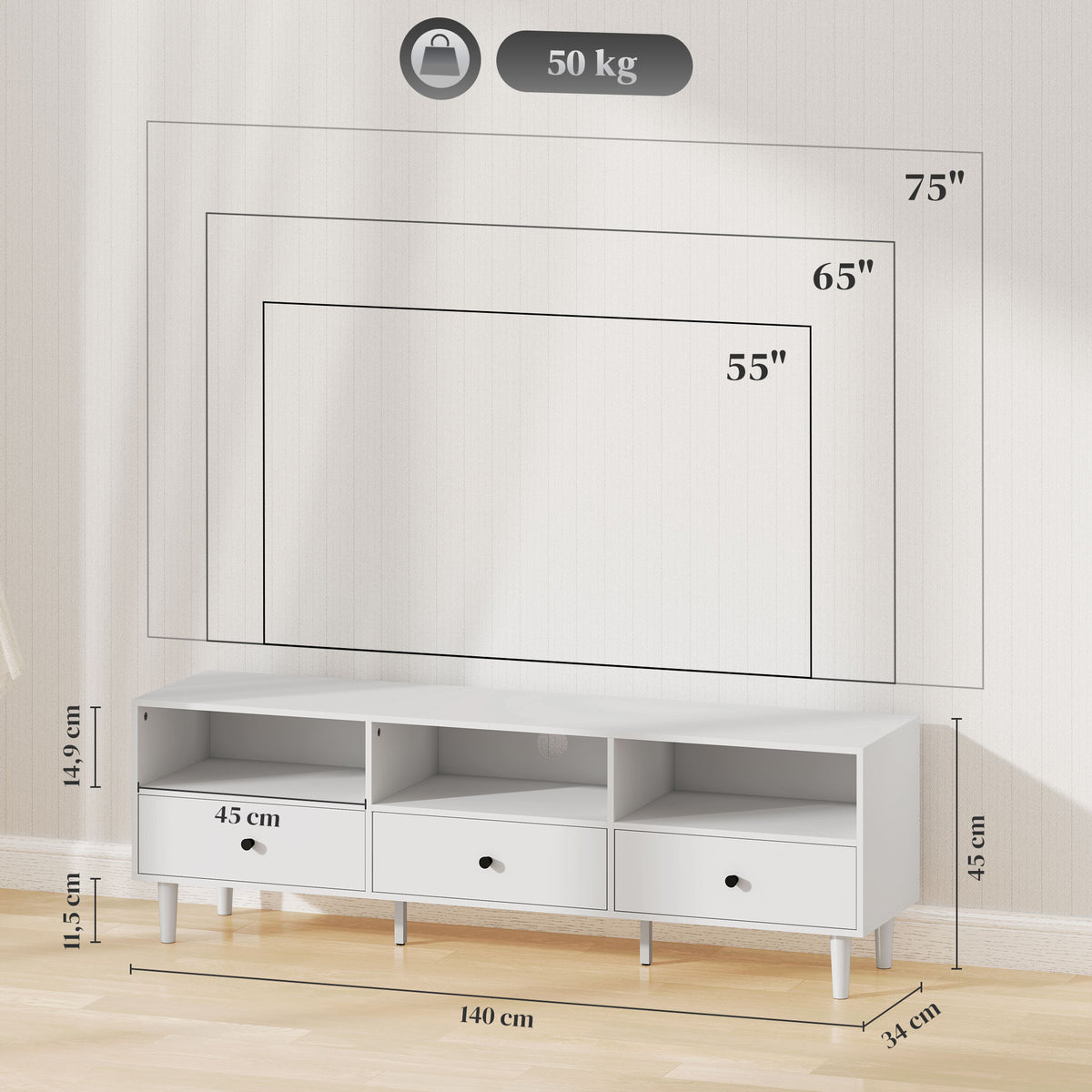HOMCOM TV-Kommode, TV-Ständer für 75-Zoll-Bildschirme, 3 offene Fächer, 3 Schubladen, Spanplatte, Weiß