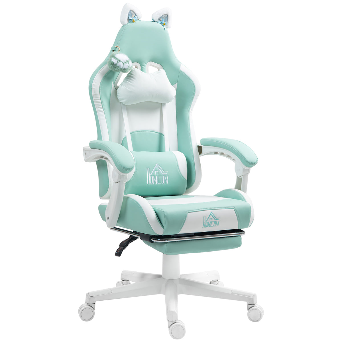 HOMCOM Reclinabile Gaming Stuhl mit Fußstütze und Kissen, in Kunstleder und Schwamm, 65x62x116-124 cm, Weiß und Blau