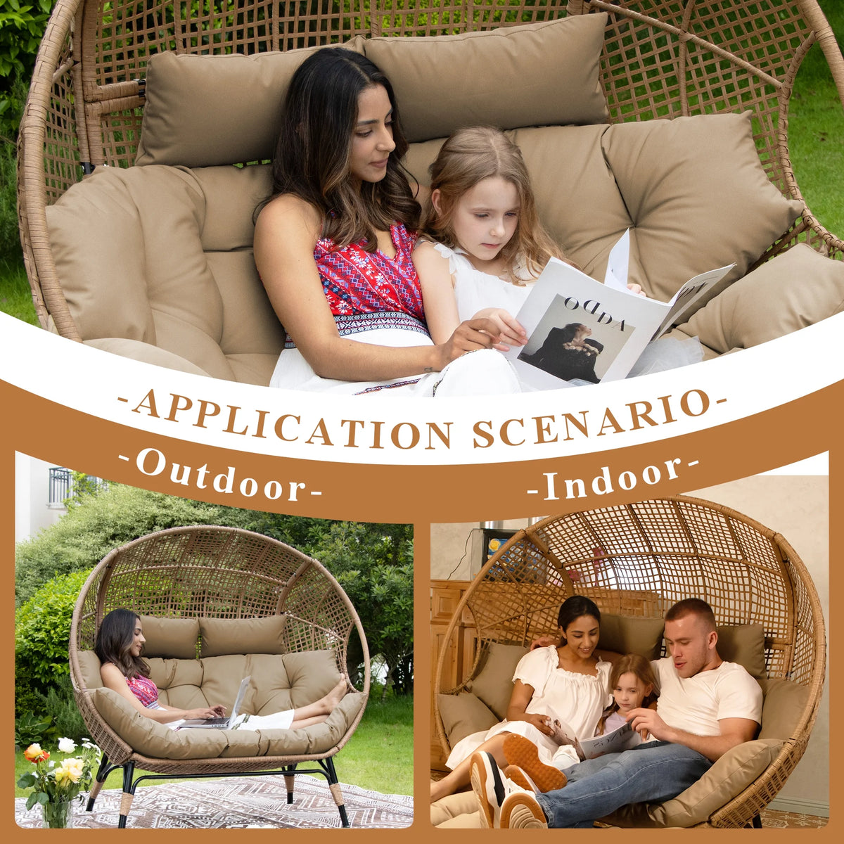 RADIATA 440 lb Outdoor Egg Chair with Foot Rest & Ottoman, Wicker Patio Egg Chair for Indoor or Garden, Beige